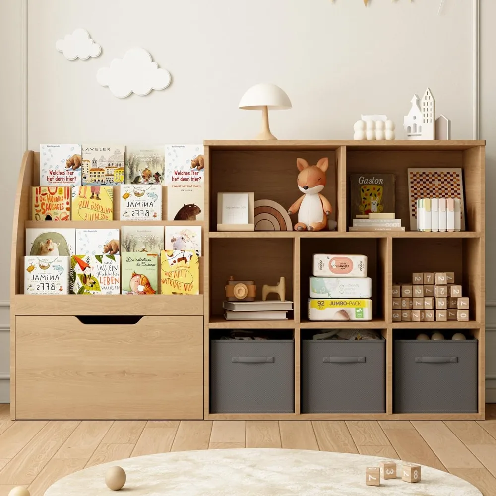 

US Shipping Kids Bookshelf Toy Storage Organizer with Movable Drawers 3 Storage Bins Reading Nook Shelf 5 Cubbies Natural