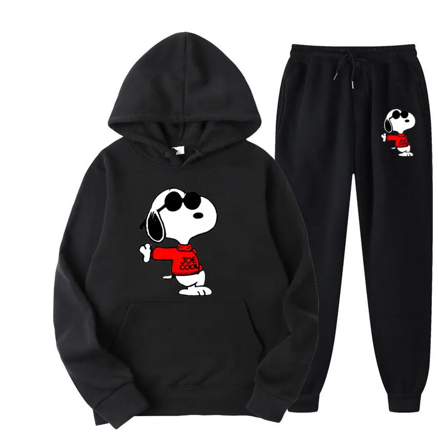 Snoopy setelan Sweatshirt wanita Anime kartun, celana Pullover pria mode baru, setelan celana Hoodie pasangan musim semi musim gugur