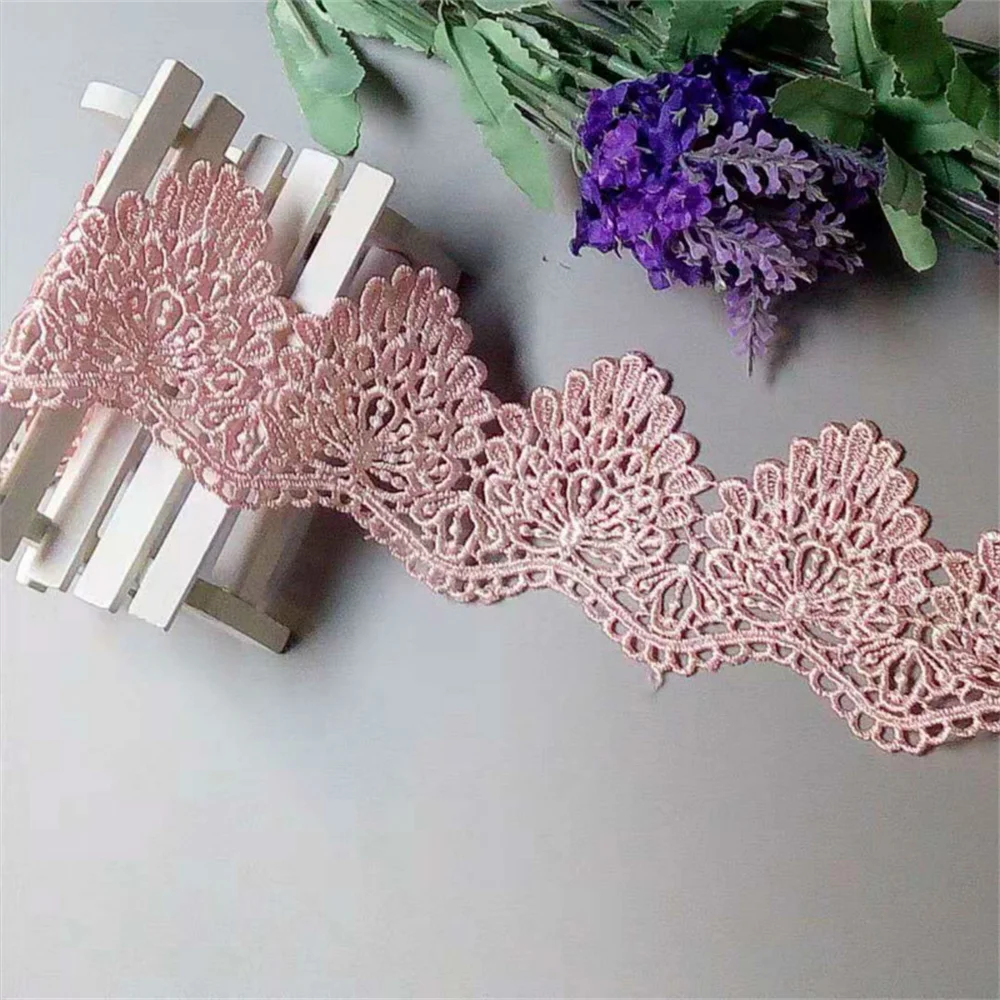 2 Yards Soluble Pink Polyester Flower Embroidered Lace Trim Ribbon Fabric Sewing Supplies Craft Decor, DIY Handmade Materials