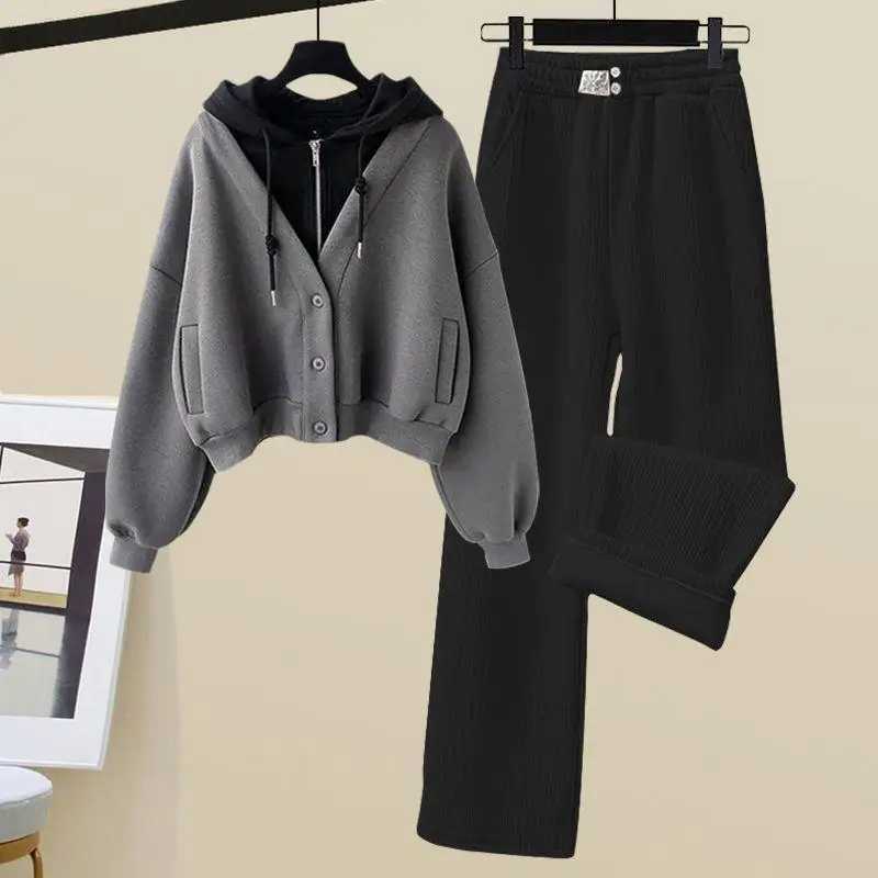 Autumn and winter Korean version new fake two-piece hooded top+casual sports wide leg pants two-piece set