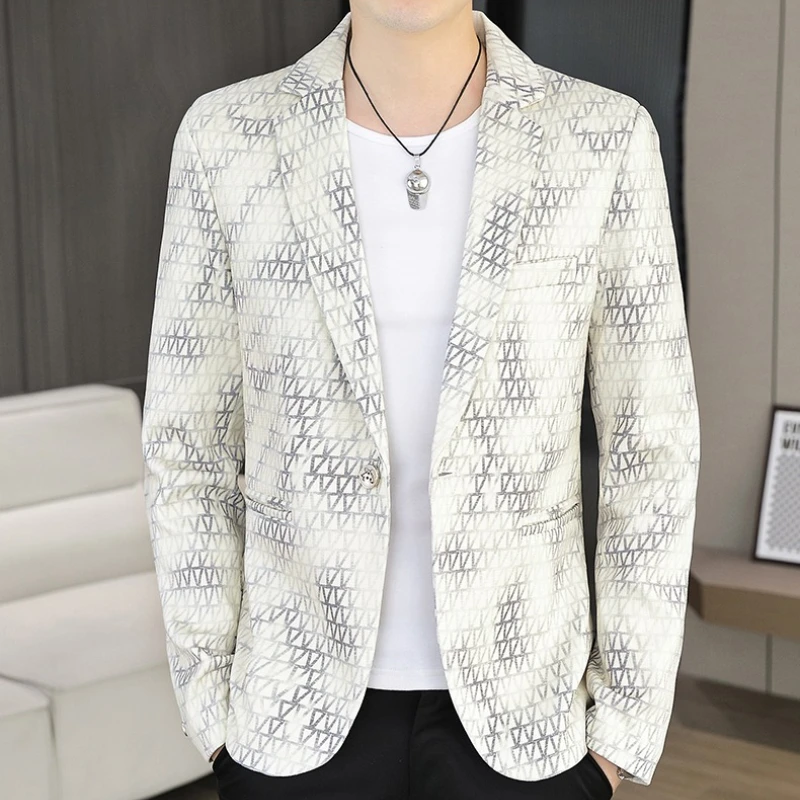 Korean Fashion Suit Jacket Men Slim Fit Geometric Printed Casual Business Blazers Autumn Social Groom Hairstylist Uniform Jacket