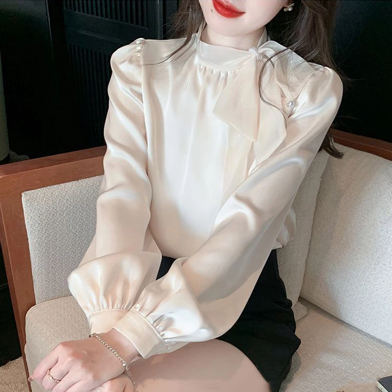 Womens Korean Fashion Beaded Bow High Quality Blouse Office Lady Elegant Chic Commute Shirt Ruffled Long Sleeve Loose Fairy Tops