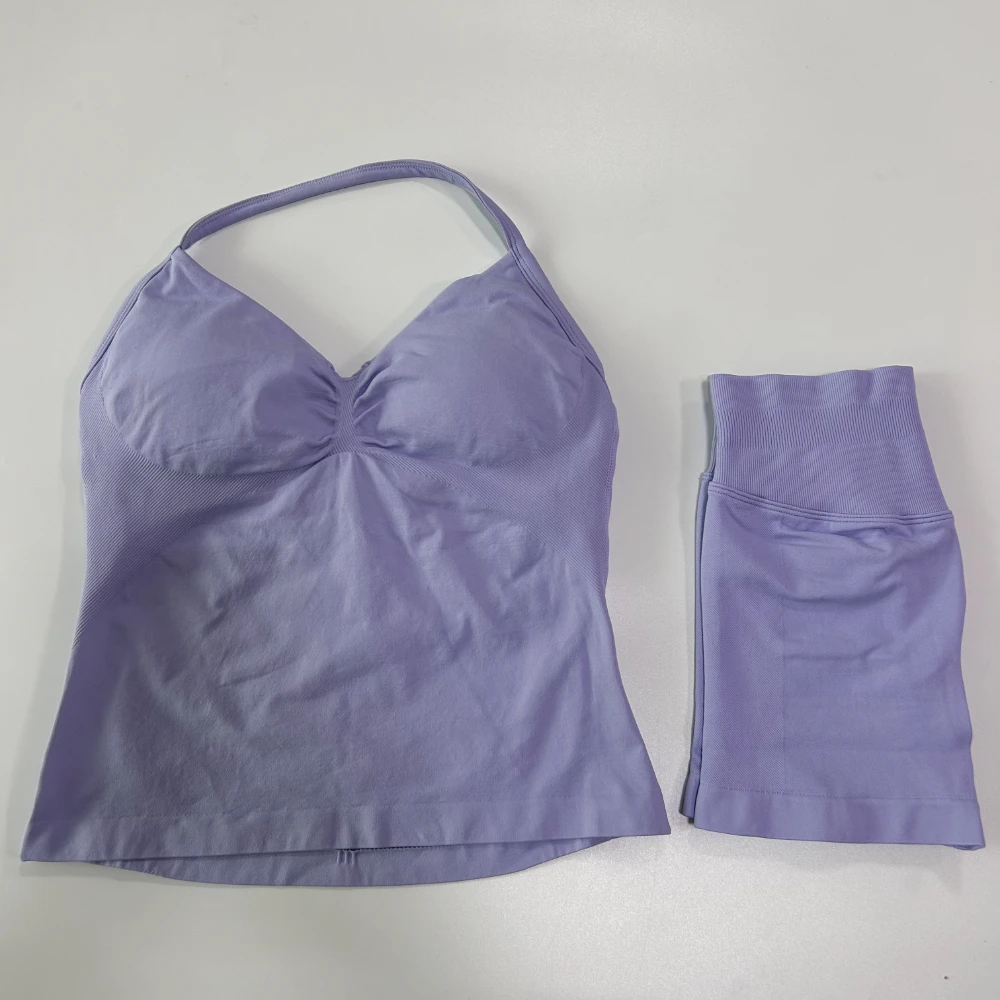 2-teiliges Fitness-Set für Damen: Rückenfreies Tanktop, High-Waist-Shorts mit Raffung, nahtlos, Sportanzug, Fitnesskleidung, Activewear, Workout-Set – Detail 18