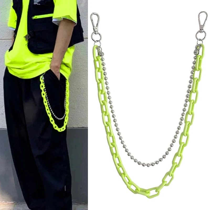 Hip Hop Punk Belt Chain Cool Key Chain Ring Beads Women Multicolor Resin Fluorescent Pendant Waist Chain Jeans Skirts Pants