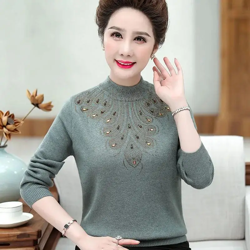 Fashion Stand Collar Knitted Beading Diamonds Sweaters Women's Clothing 2023 Winter Loose Casual Pullovers Commute Tops