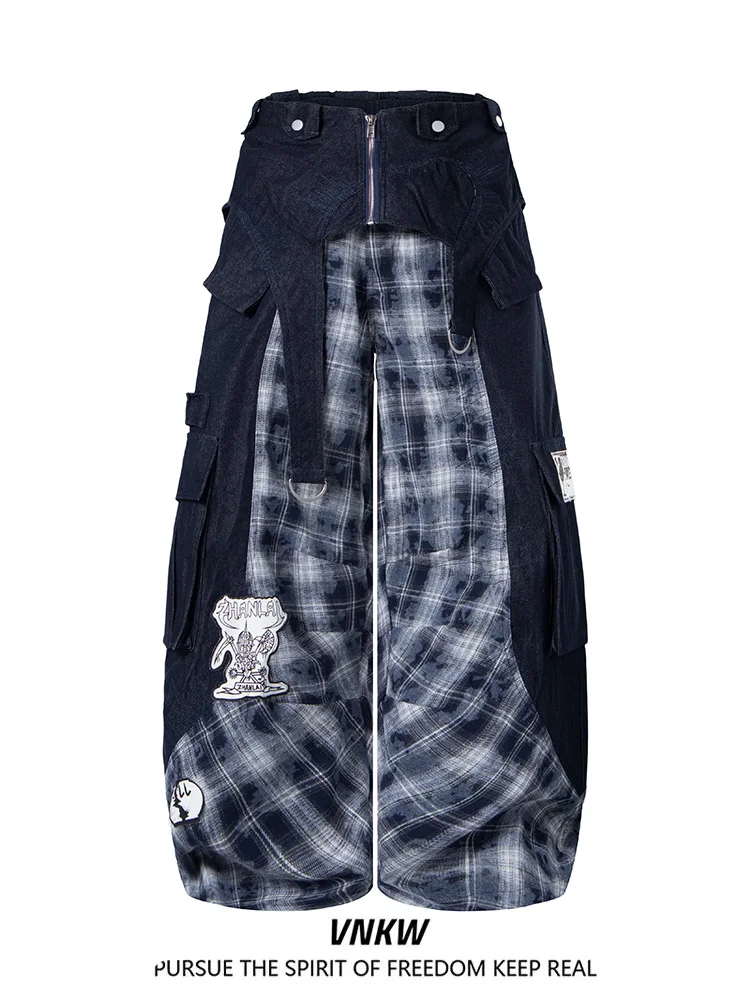 

American Deconstructed Embroidered Patchwork Workwear Jeans Men Women Multi-Way Wearable Curtained Detachable Wide Leg Long T...