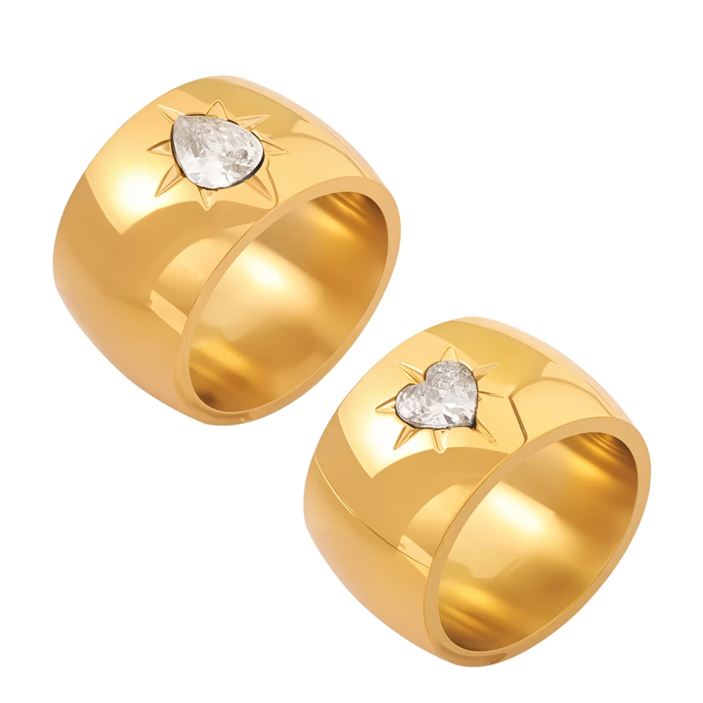 JINHUI Wide Edged Heart-Shaped Zircon Stainless Steel Ring Waterproof Non Fading Allergic Popular Accessory for Everyday Wear