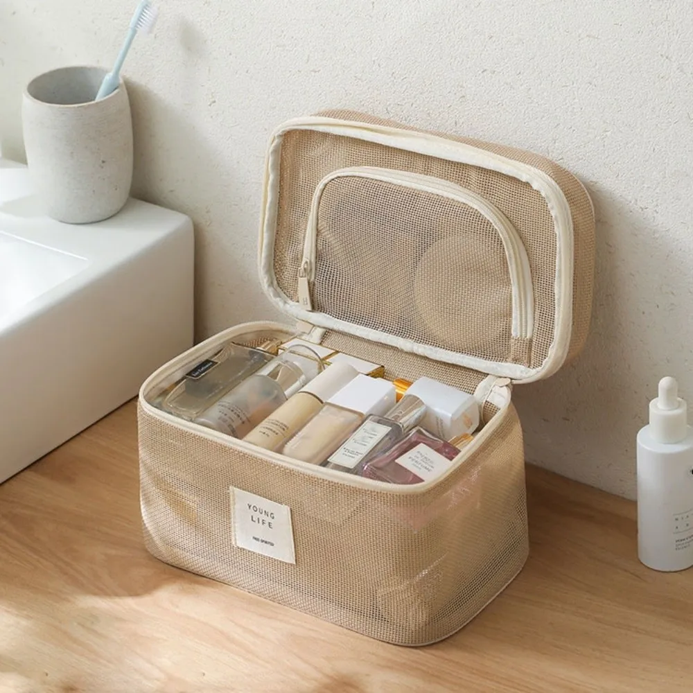 

Simple Solid Color Mesh Makeup Bag Square Zipper Transparent Mesh Cosmetic Bag Lightweight Handheld Toiletry Storage Bag Camping