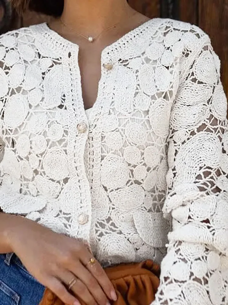 

Тонкая однобортная женская рубашка для отдыха, темпераментные однотонные кружевные ажурные кардиганы, элегантные женские топы с длинными рукавами для поездок на работу