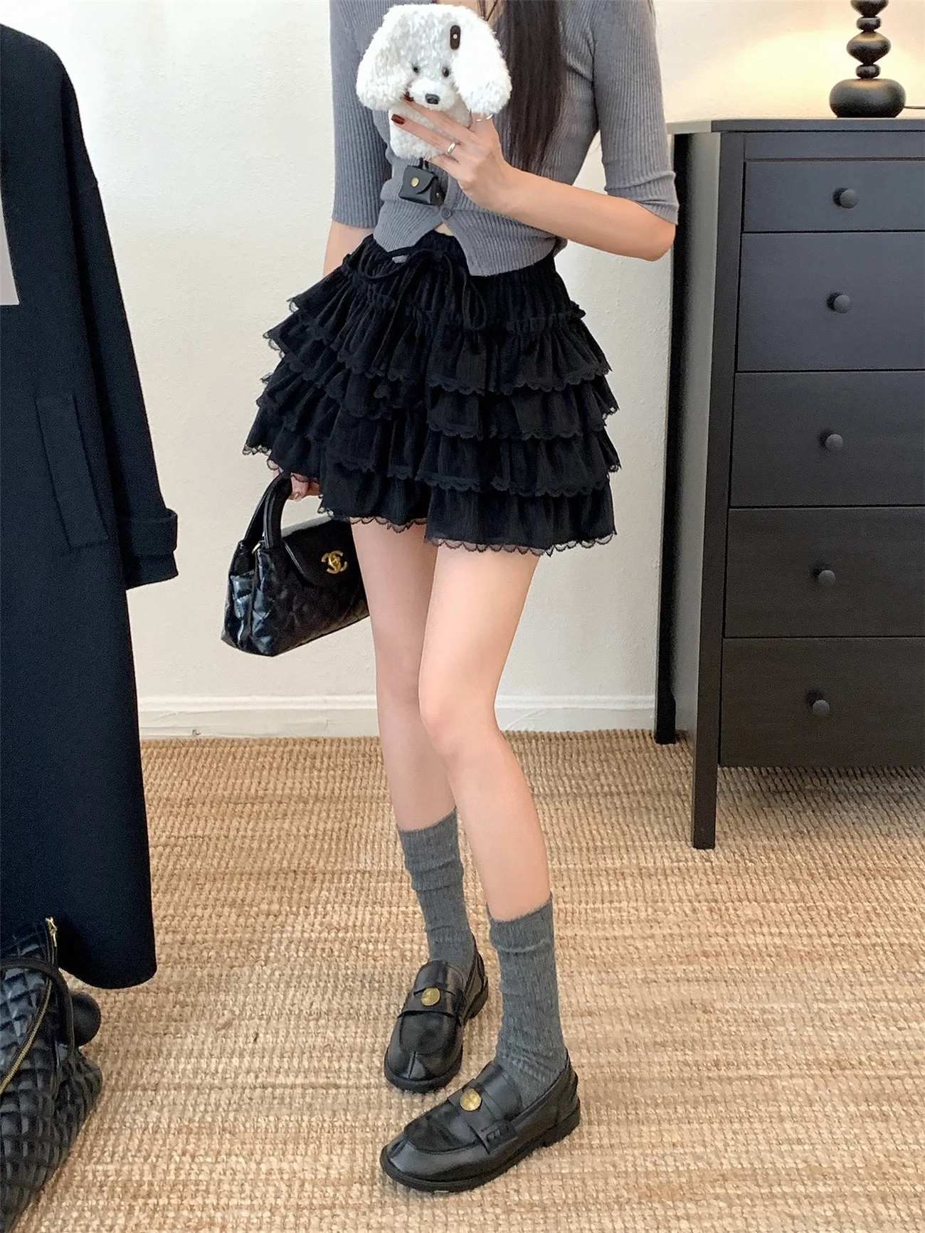 Ballet Style High Waist Lace Trim Half Skirt Women Loose Slimming Short Cake Skirt Elegant Commute Pure Color Polyester Fiber