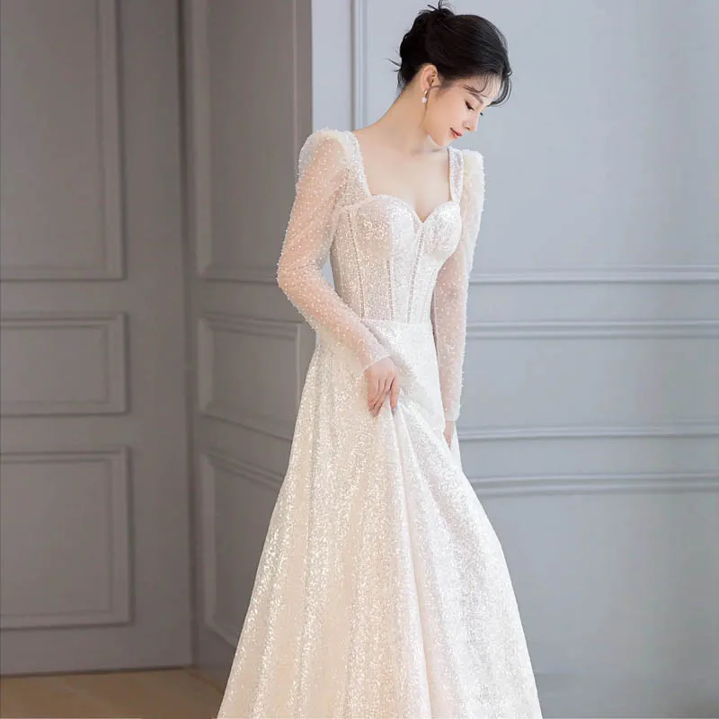 

Ele Long Sve Wedding Dr iny Sparkling Evening Gown for Bride Lightweight Luxury Faionable Arm Covering Princ...