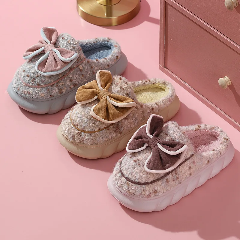 2022 New Winter Cotton Slippers Women Warm Platform Shoes Cute Bow Thick Sole Soft Plush Girls Indoor Home Floor Slides