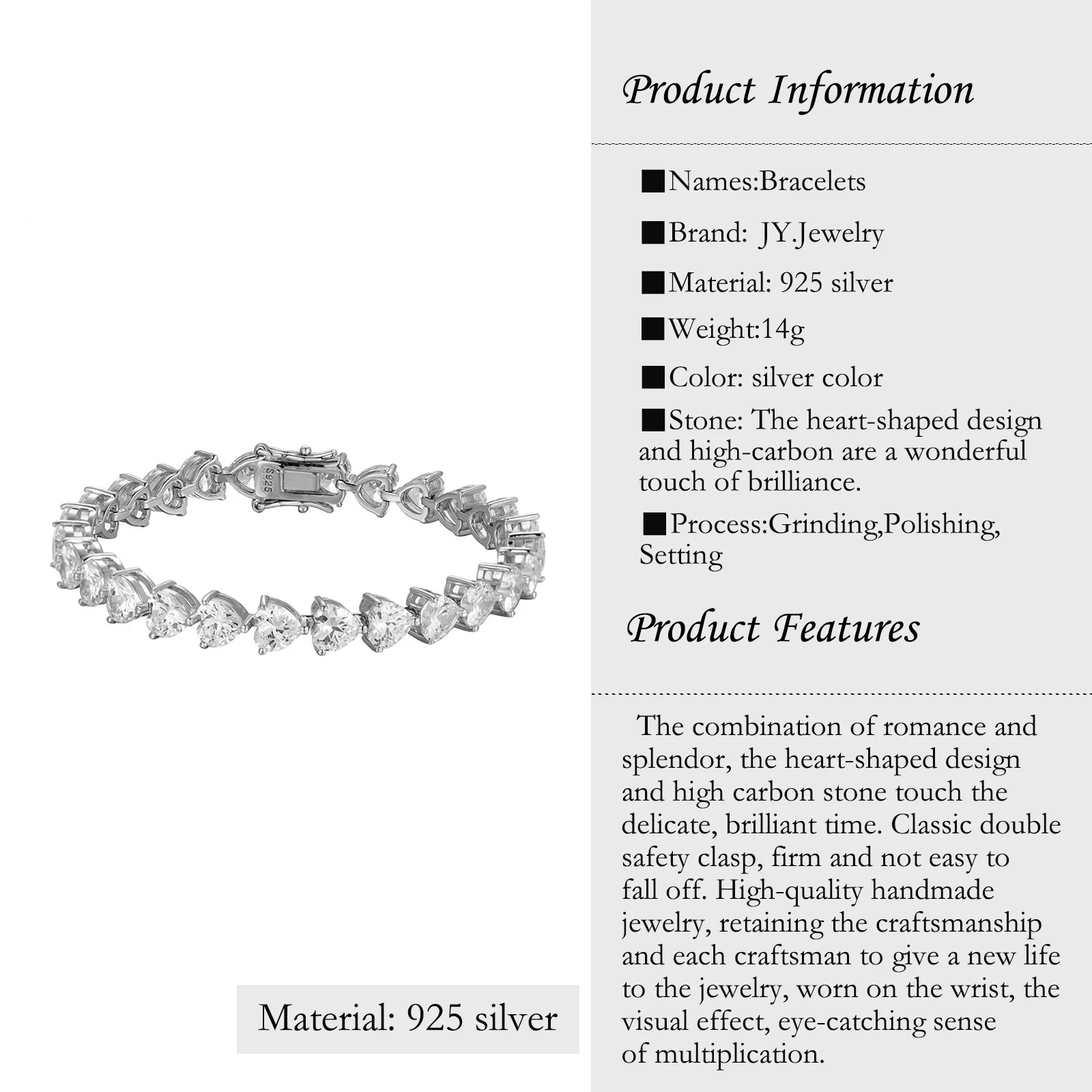 【JYJZZ162】s925 silver 17cm long love bracelet simple fashion trend full heart zirconia jewelry.