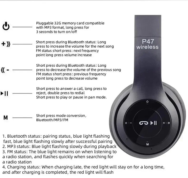 Stereo P47 Headset 5.0 Bluetooth Headset Folding Series Wireless Outdoor SportsHeadset für iPhone Samsung PC Spielzubehör – Detail 13
