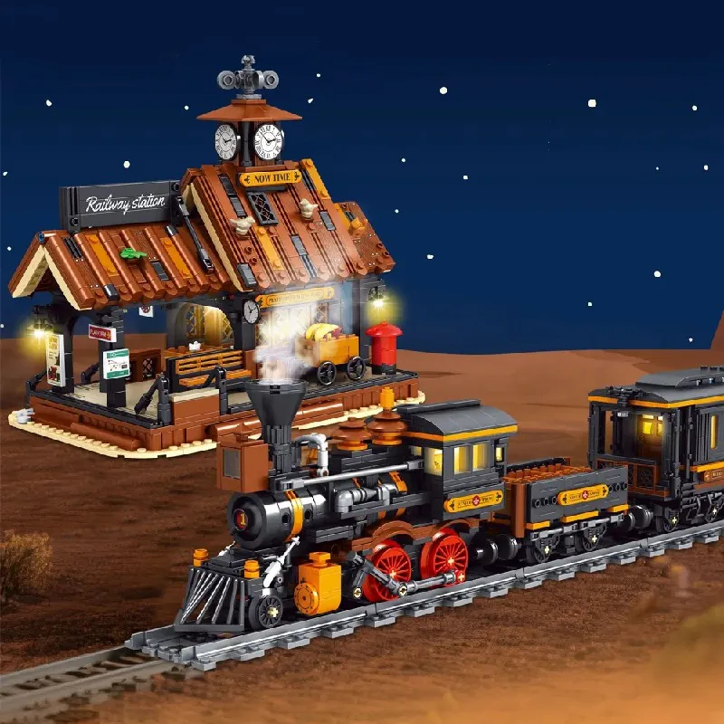 Cowboys estação ferroviária casa blocos de construção modulares cidade americana vista arquitetura tijolo modelo kit adultos presente do miúdo 2640 pçs
