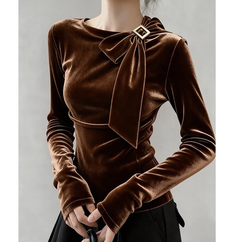 

Осень-зима 2025 года, рубашка с длинным рукавом в стиле ретро, модные топы с бантом, тонкая элегантная модная женская бархатная блузка