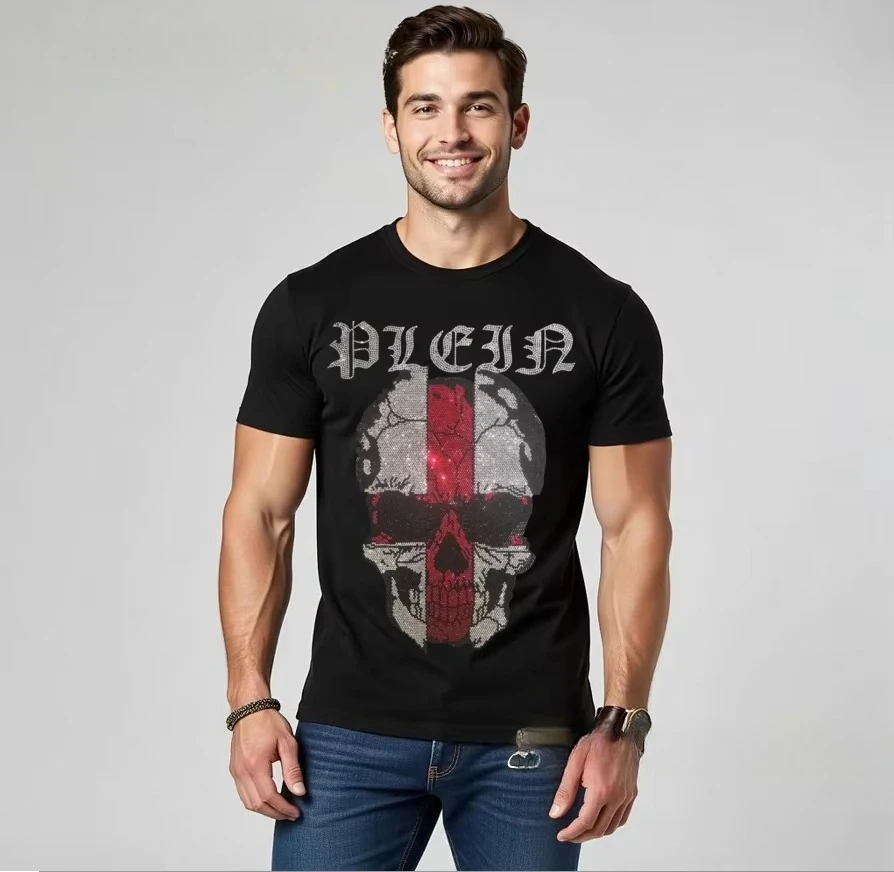 2026 Neues Cooles Luxus-Kristall-Strass-Herren-T-Shirt aus Reiner Baumwolle mit O-Ausschnitt, Kurzarm, Sommer-Street-Style, Weich und Bequem – Detail 2