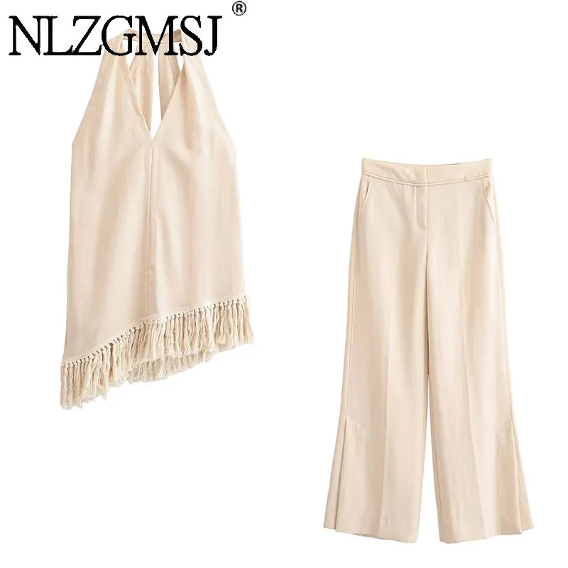 Nlzgmsj 2026 Sommer Vintage Damen 2-teiliges Outfit: Neckholder-Oberteil mit Fransen und asymmetrischem Schnitt, weiter Bein-Overall – Lässiger Urlaubsanzug