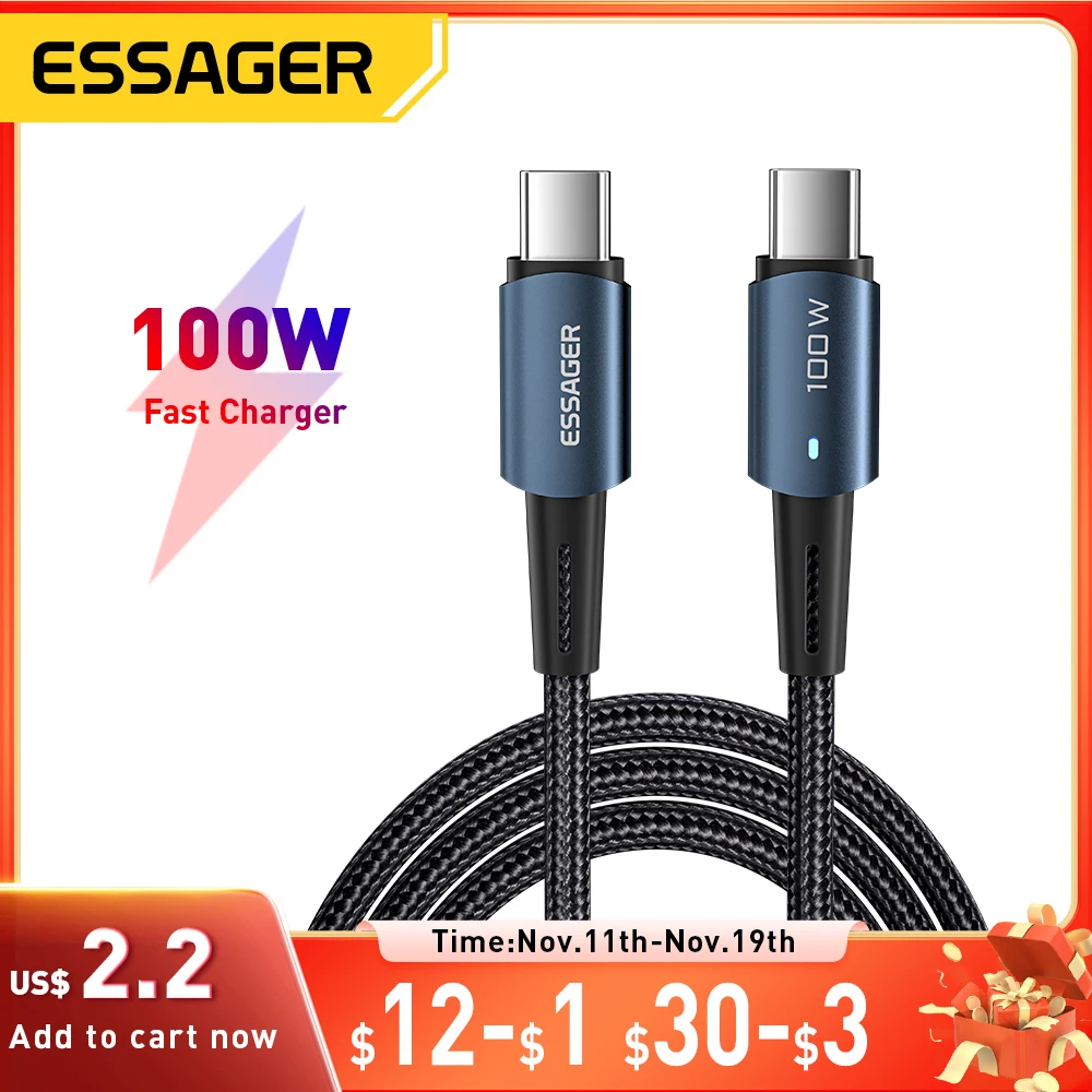 Essager USB C To USB C Cable PD100W 60W Fast Charge Mobile Cell Phone Charging Cord Wire For Xiaomi Samsung Huawei Macbook iPad
