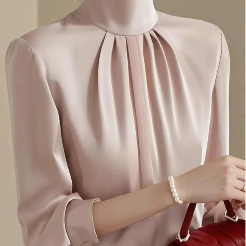 French Brown Satin Shirt Tops for Women's Spring 2025 New High-end Commuter Shirt