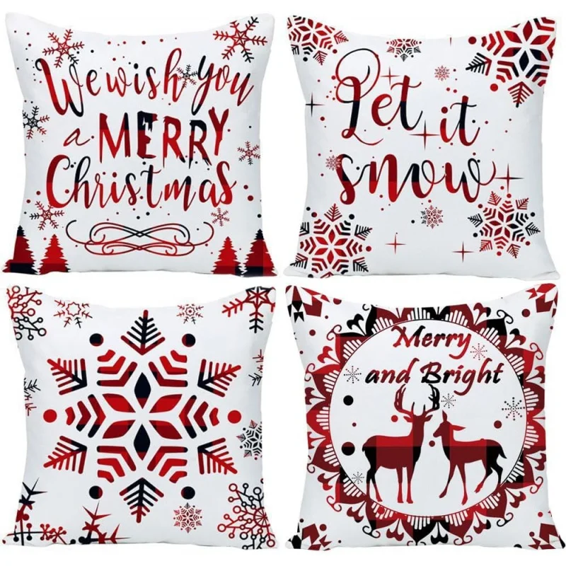 

Buffalo pattern snowflake Christmas reindeer pine square pillow cover sofa decorative cushion cover 20x20 inches 4-piece set