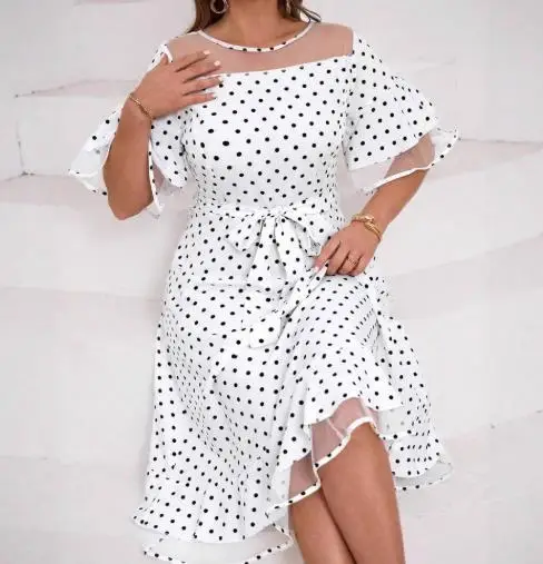 

Fashion Polka Dot Women's Long Dress Temperament Commuting Female Daily Clothes New Summer Lace Up Woman Elegant Dresses