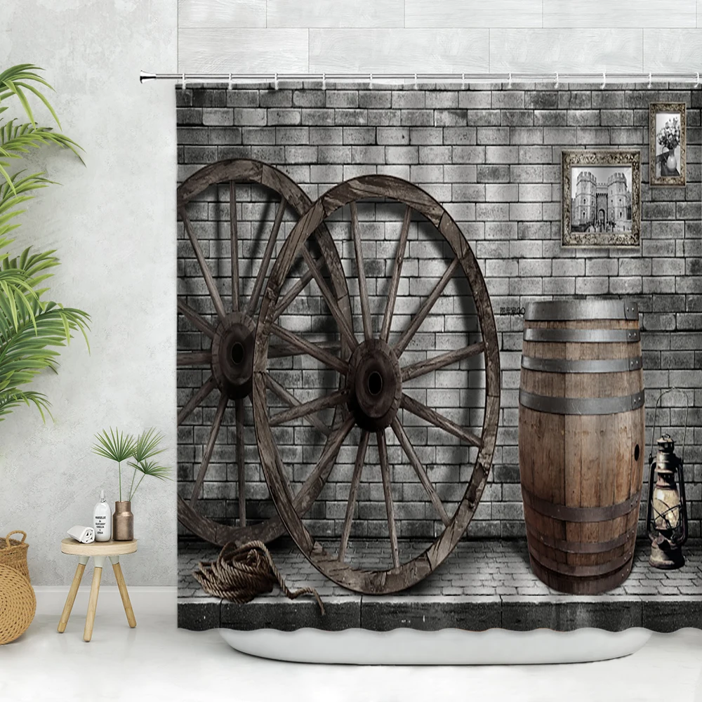 

3D Retro Shower Curtain Set Waste Wheel Reel Wooden House Printing Vintage Home Decor Polyester Fabric Hook Bathroom Accessorie