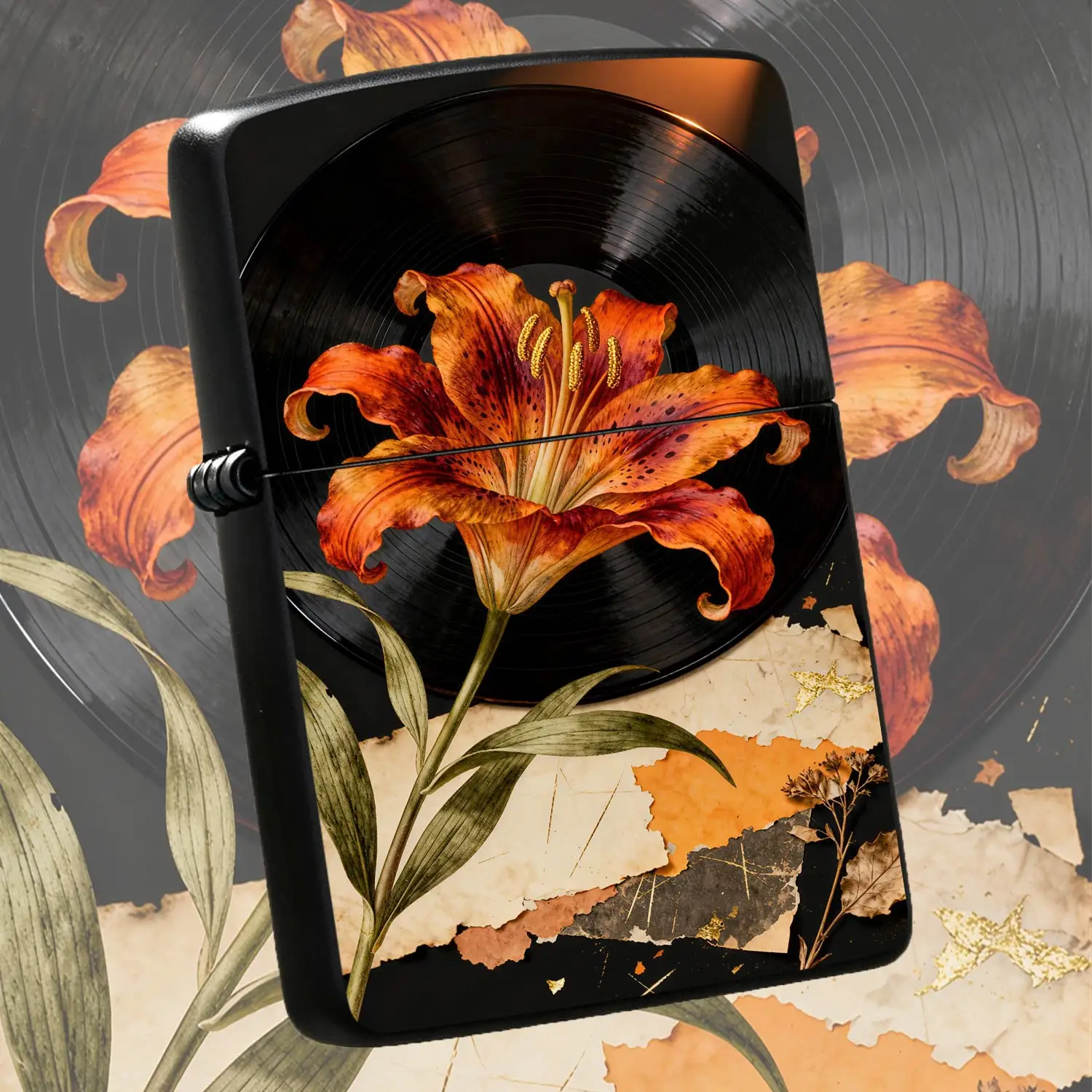 Vintage Aesthetic Orange Lily Vinyl Record Themed Lighter, Artistic Design With Aged Paper Golden Foil Accent, Versatile For All Scenarios, Exquisite Portable Stylish Accessory, Ideal For Daily Use And Gifting A Humorous And Interesting Lig