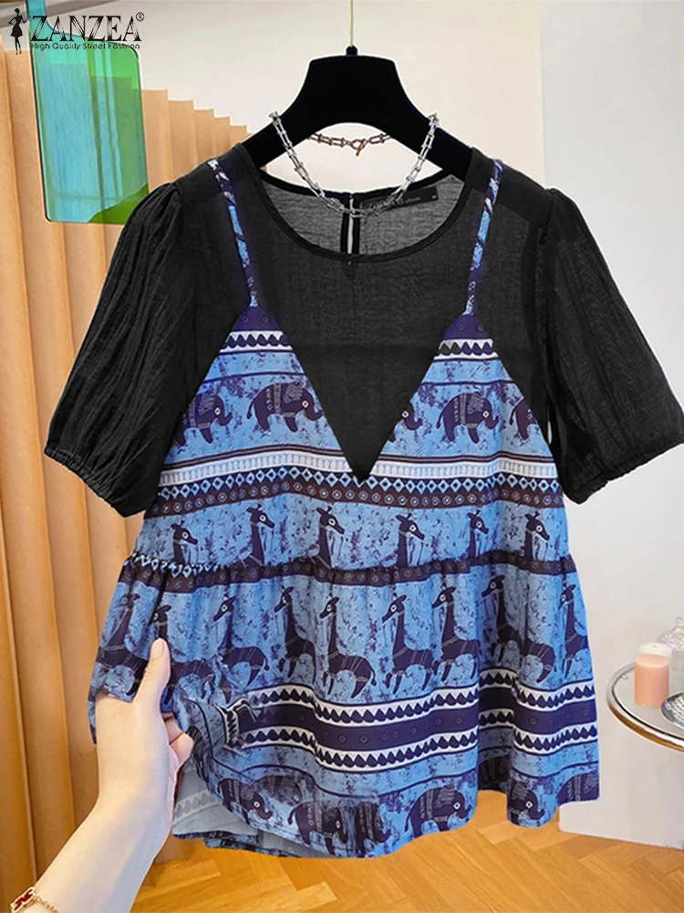 ZANZEA بلوزات مرقعة مطبوعة عتيقة للسيدات 2025 صيفي برقبة دائرية وأكمام قصيرة منتفخة Blusas Mujer ملابس خروج مكونة من قطعتين #1