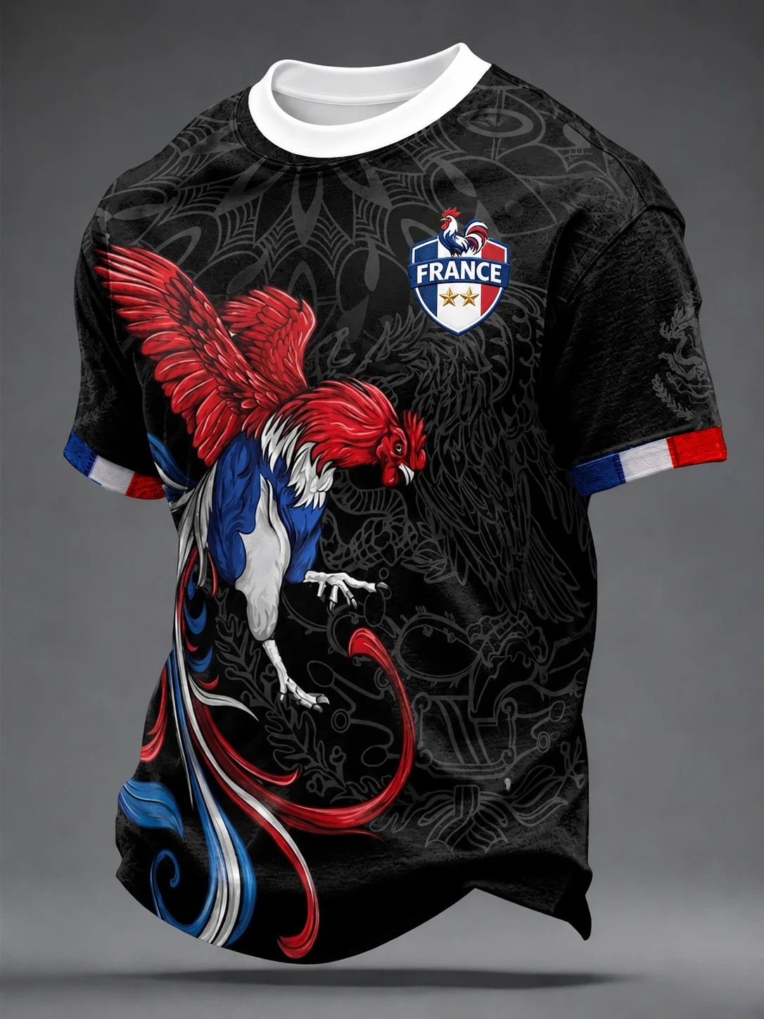 Men Les Bleus Soccer T-Shirt Large Blue Rooster Graphic French Flag Stripe Color Block Football Fan Short Sleeve Tee view 4