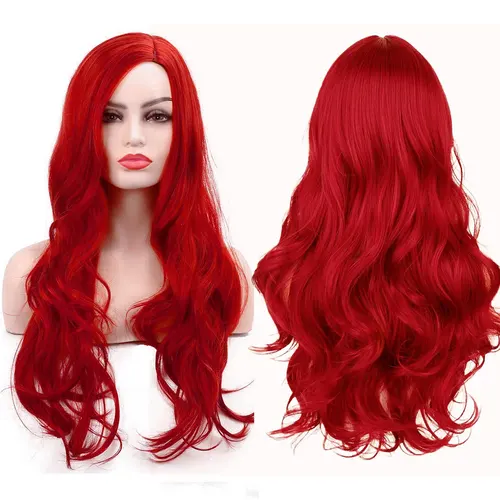 Peluca roja con flequillo ondulada sintética sirena roja peluca rizada larga Cosplay pelucas de disfraz de Halloween para mujeres