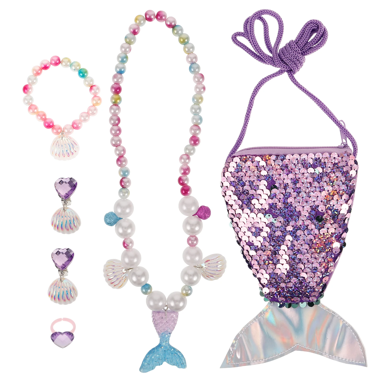 

6Pcs Mermaid Tail Jewelry Set for Girls Princess Dress Up Necklace Bracelet Ring Earrings Mermaid Party Accessories