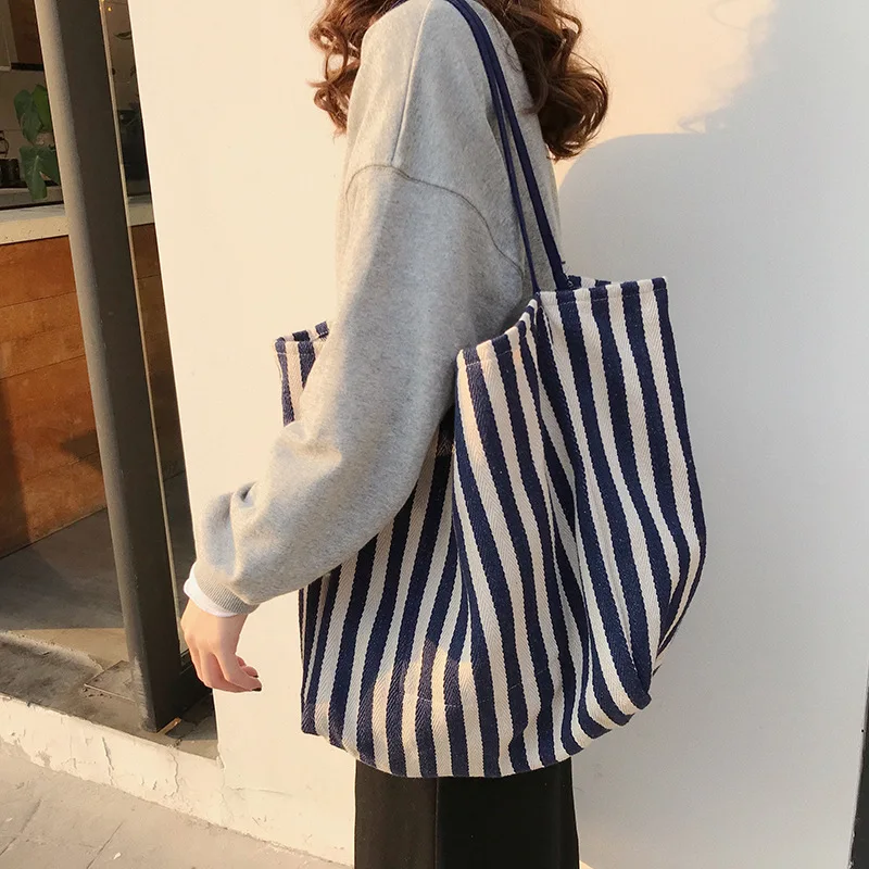 Large Capacity Canvas Women Shopper Tote Simple Striped Shoulder Bag Female Casual Multifunctional Travel Handbag Shopping Bag