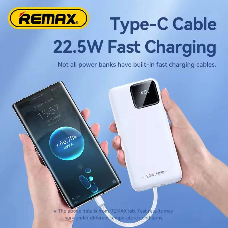 Remax 22,5 Вт PD20W QC3.0 Powerbank Быстрая зарядка Портативный тонкий USB-блок питания 20000 мАч типа C со встроенным кабелем Remax 22,5 Вт PD20W QC3.0 Powerbank Быстрая зарядка Портативный тонкий USB-блок питания 20000 мАч типа C со встроенным кабелем