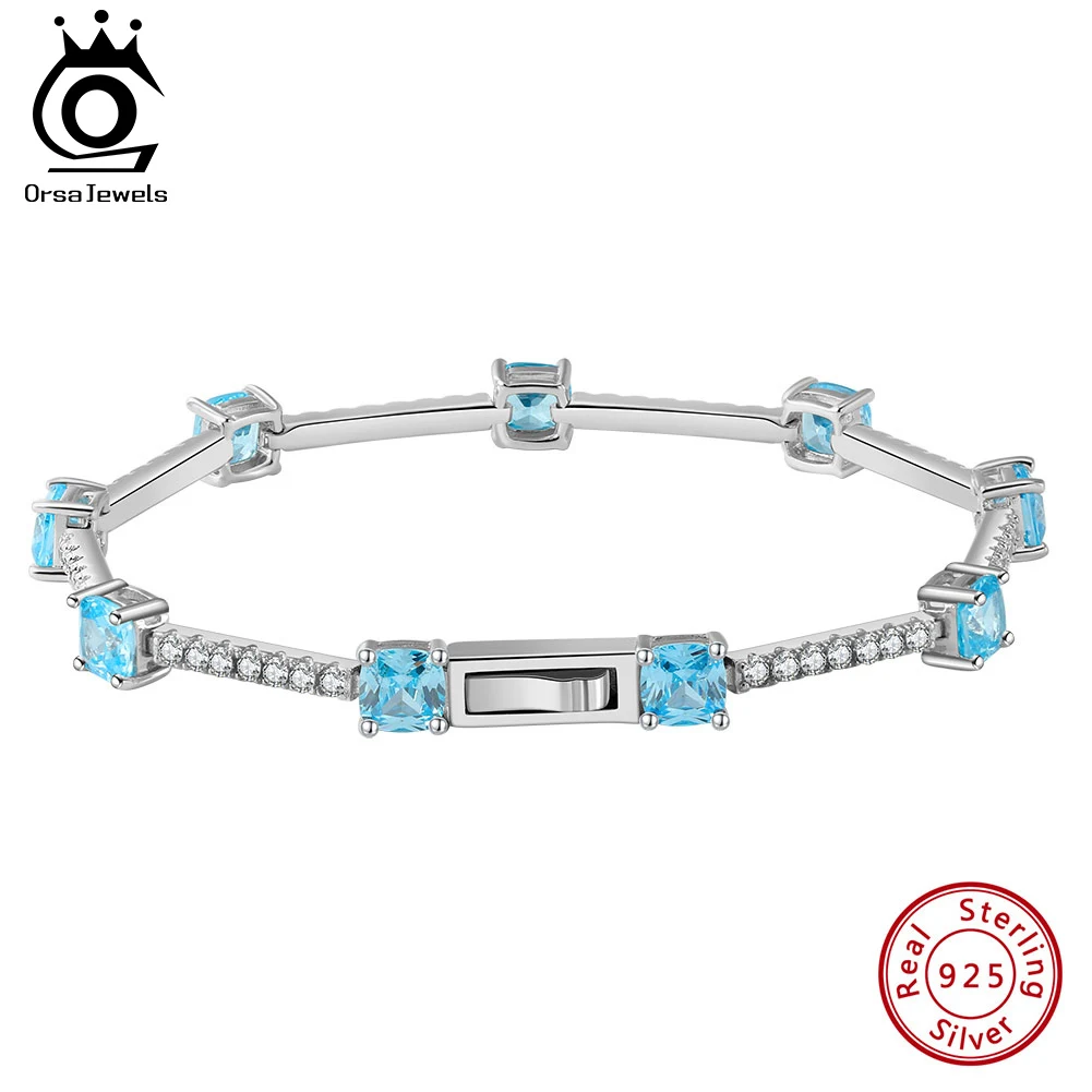 

ORSA JEWELS Created Aquamarine Chain Bracelet 5A Clear CZ Genuine 925 Sterling Silver Bracelet for Women's Fashion Jewelry LZB05