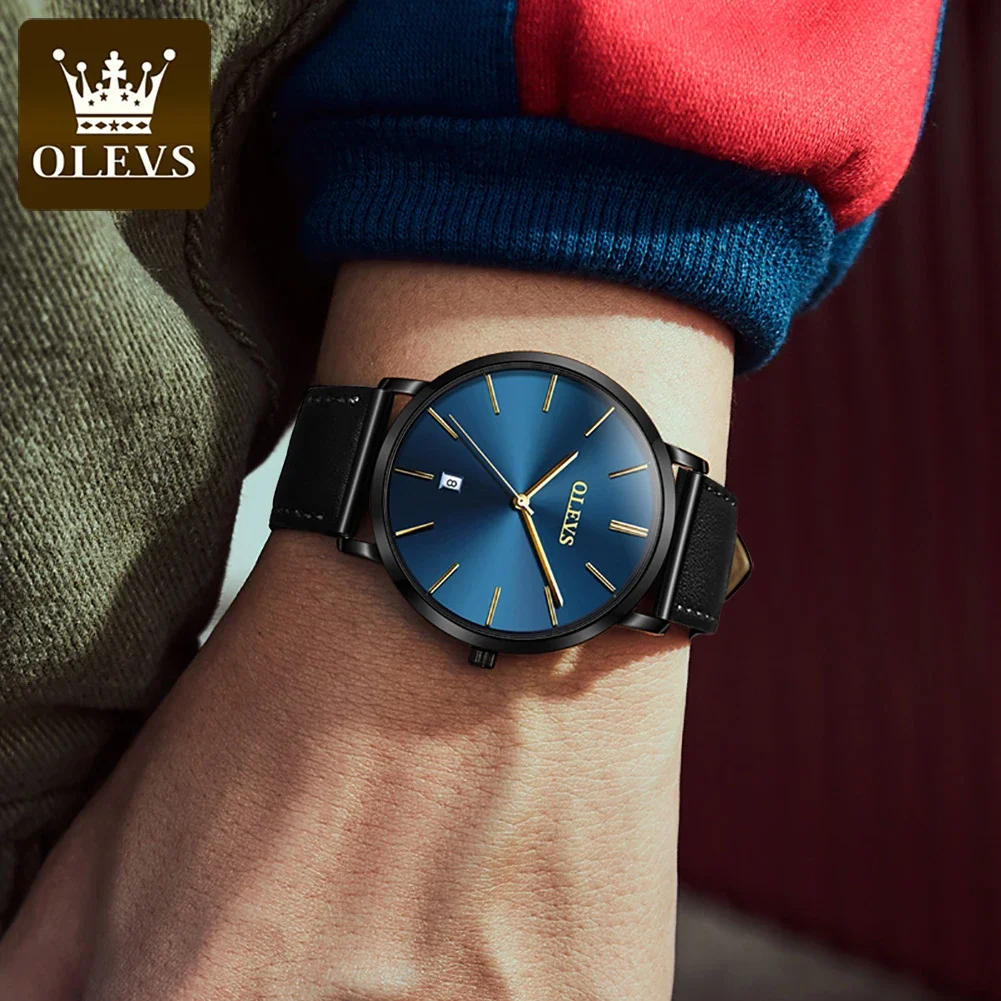 OLEVS 5869 High Quality Waterproof Watch For Men, Japan Quartz Fashion Genuine Leather Strap Men Wristwatches Calendar