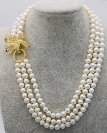 

Natural 3rows freshwater white pearl 7-8mm pearls 18-20" with zircon clasp necklace