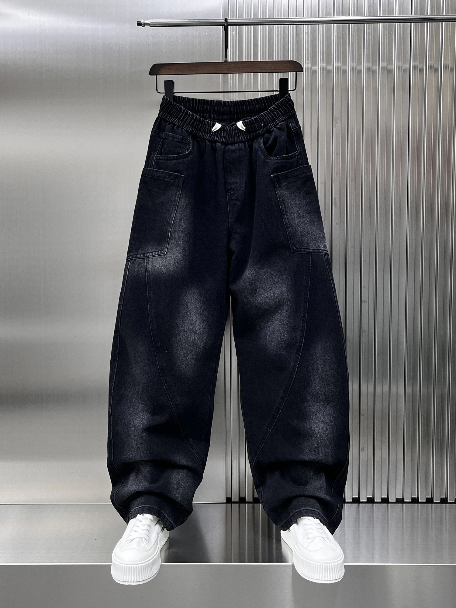 

Retro Splicing Workwear Jeans Men's Spring 2025 Trendy Wide Leg Pants Youthful Worn Look Durable Straight Cut Loose Fit