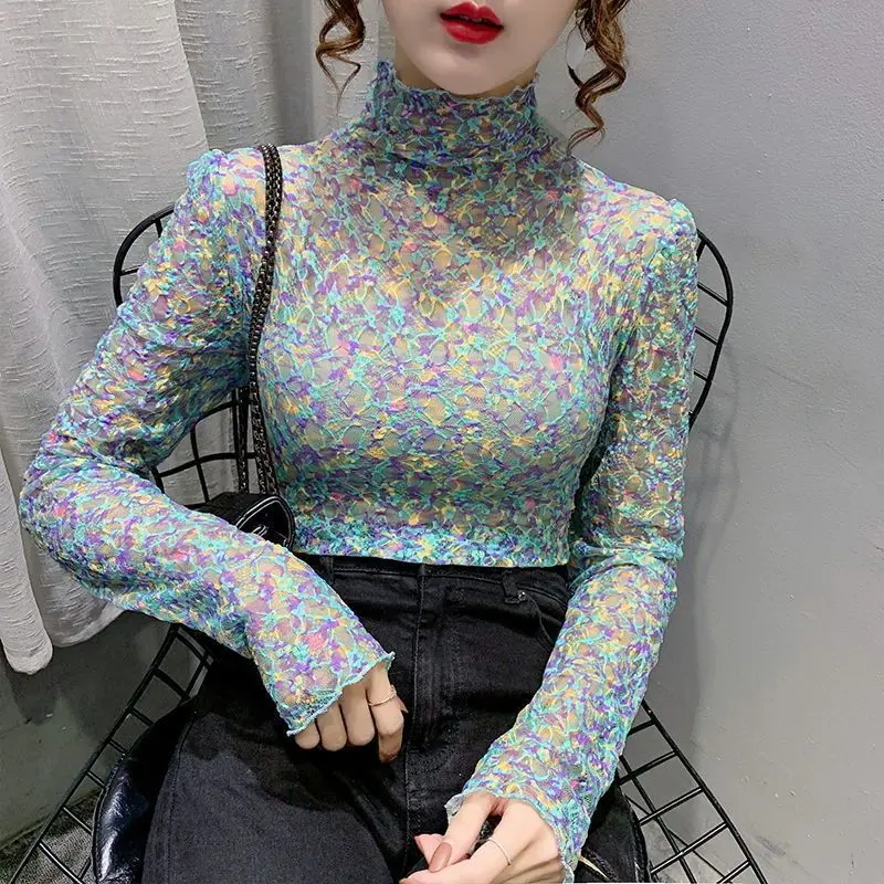 Women's Clothing Winter Thin Pullovers Long Sleeve Turtleneck Temperament Undercoat Fashion Printing Slim Casual Sweet T-Shirts