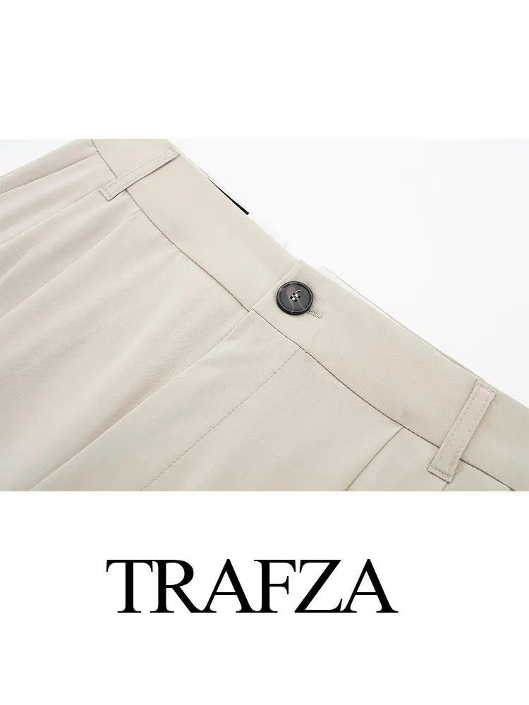 TRAFZA Women\'s Office Commuting Suit Pant Retro High Waist Zipper Women\'s Pleated Pocket Decorated Wide Leg Pant Summer Clothing