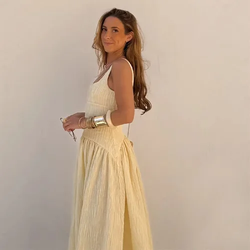 Imagen 2 del producto MUJER 2025 vestido largo plisado para mujer, vestido Midi amarillo sin cordones, vestidos sexis sin espalda para mujer, vestido elegante de playa para mujer, vestido de verano