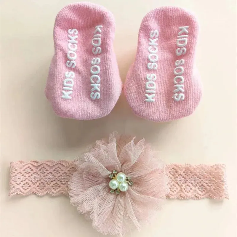 Cute Pearl Bows Baby Headband Socks Set Non Slip Cotton Sock Lace Flower Newborn Hair Band Turban Girl Hair Accessories