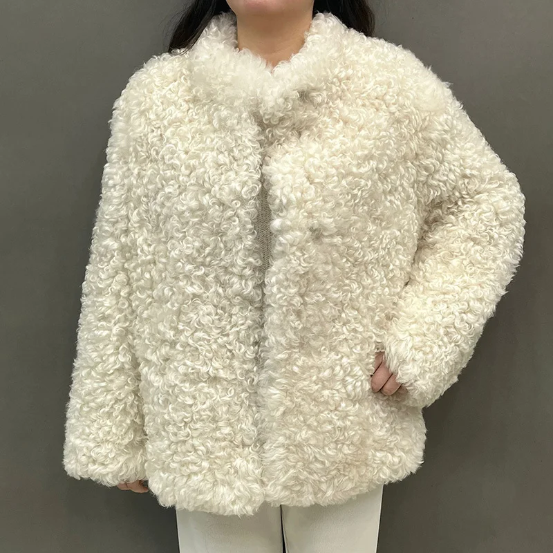 Veste en peau de mouton en fourrure d'agneau véritable pour femme, pardessus d'hiver, doublure en cuir véritable, optique, chaud, combinaison de laine, 2024