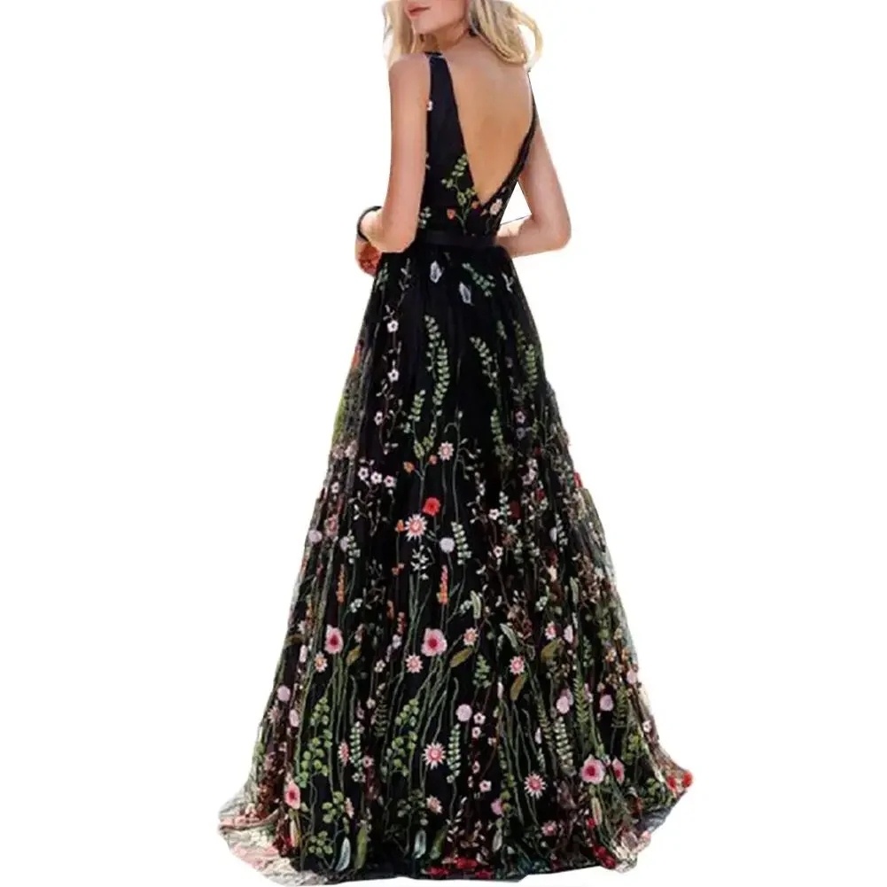 Hete Boho Elegante Jurken Vrouwen Sexy Mouwloze Backless Deep-V Borduurder Bloemenprint Party Maxi-Jurk