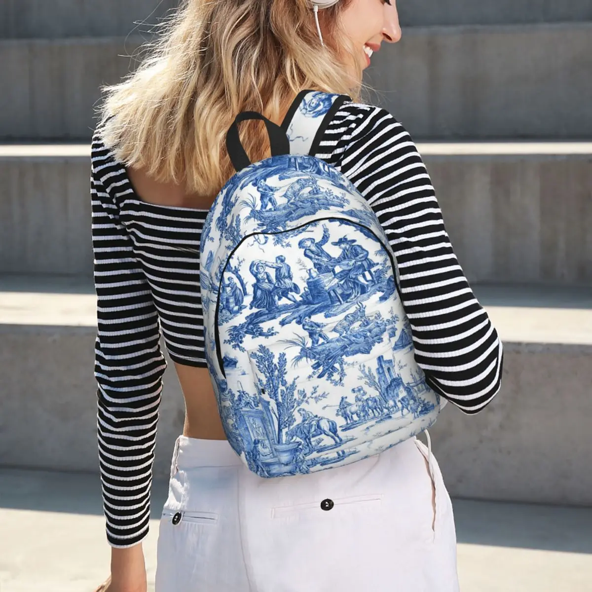Blue And White Toile De Jouy Student Backpack School Bag Hiking Travel Daypack for Boys Girls Bookbag Shoulder Bags