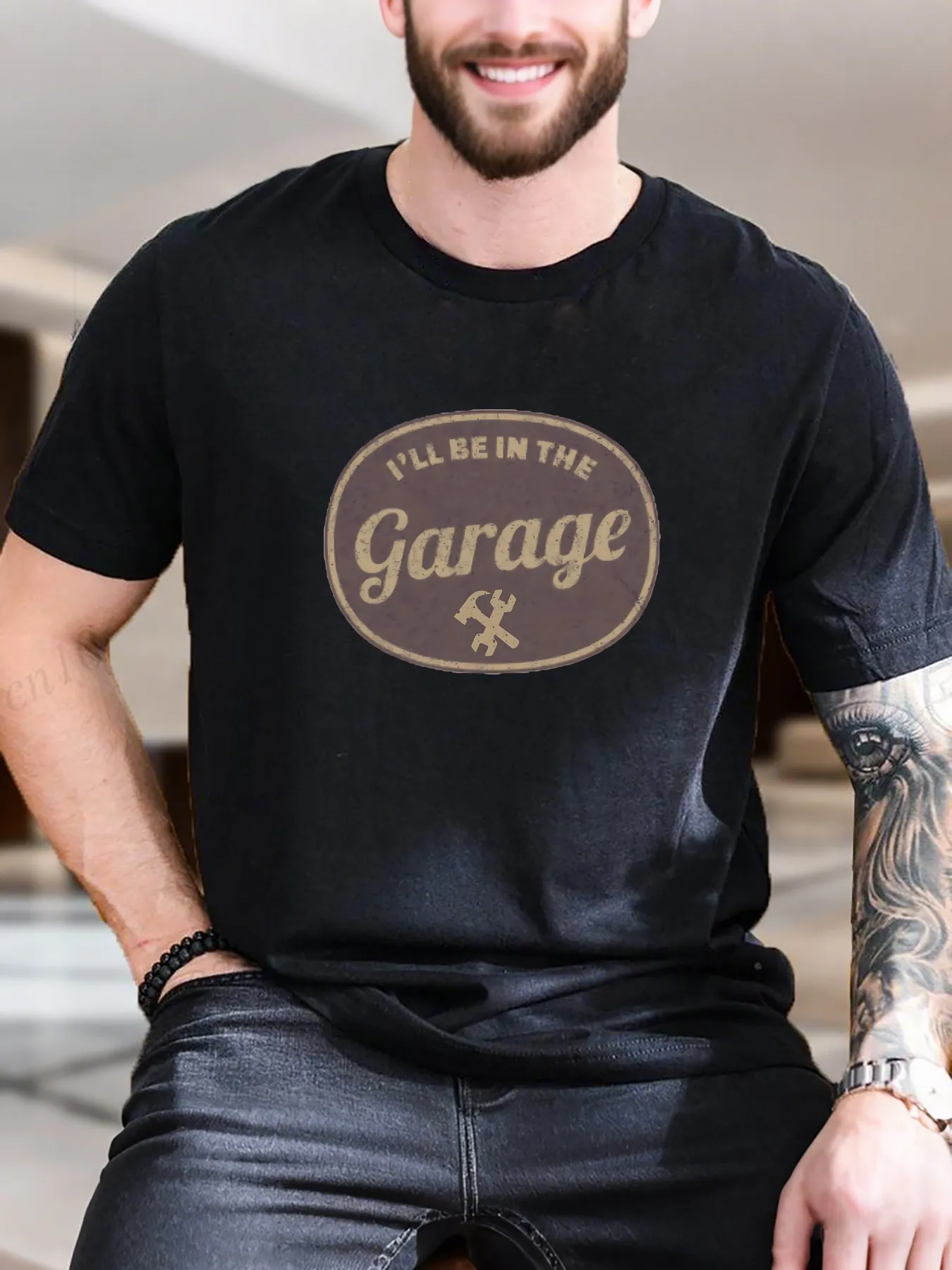 

New Arrival Fashion Men's Cotton Printed T-Shirt'I'Ll Be in the Garage' Graphic Tee Breathable Soft Crewneck Short Sleeve Casual