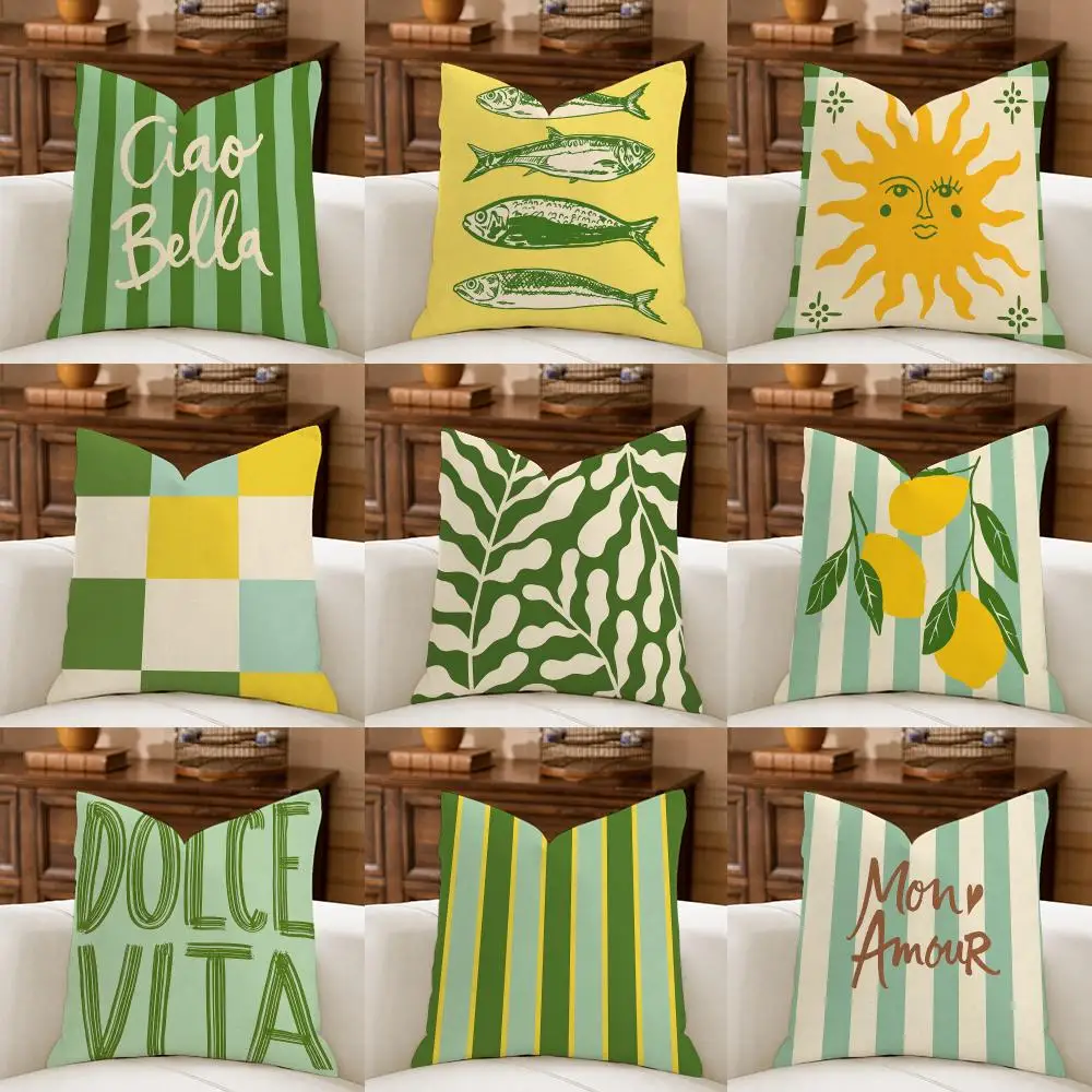 Coastal Italian Summer Cushion Cover Natural Breathable Durable Linen Printed Decor Pillow Case Sofa Bedroom
