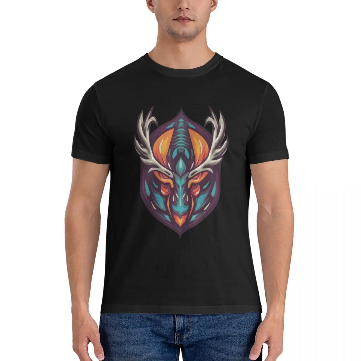 Colorful Mythical Creature With Antlers And Vibrant Hues T Shirts Men's Cotton T-Shirts  cute Tee Shirt Short Sleeve Clothes