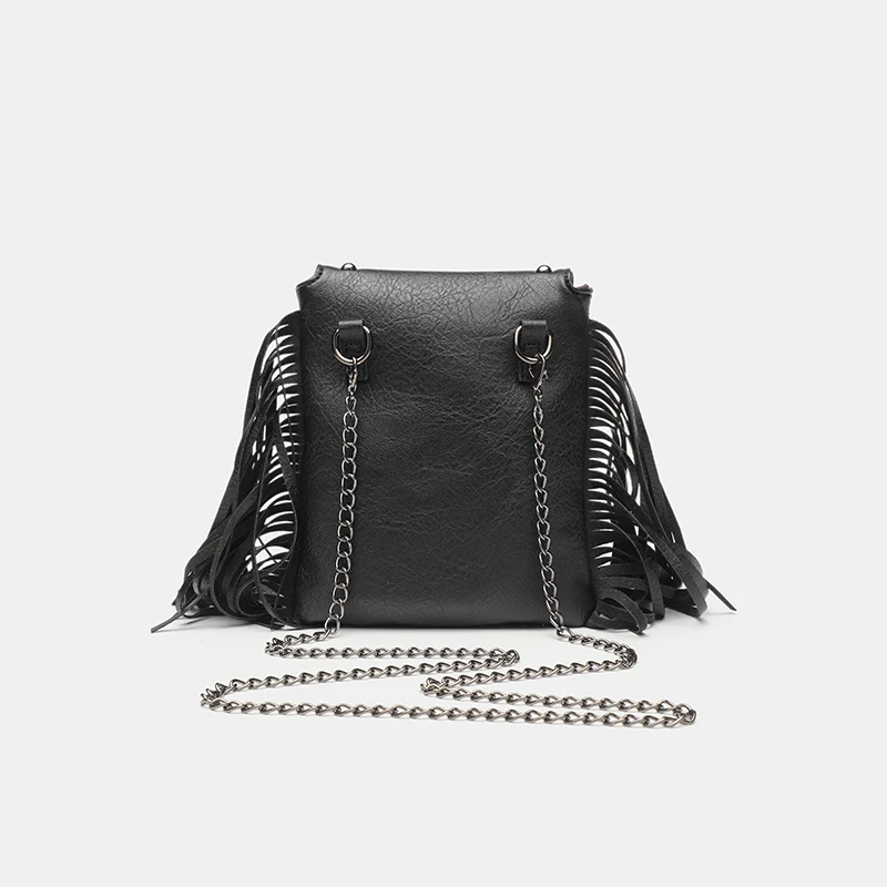 Dark Punk Style Chain Tassel Shoulder Bag with Unique Skull Buckle Decoration PU Leather Rivet Phone Bag