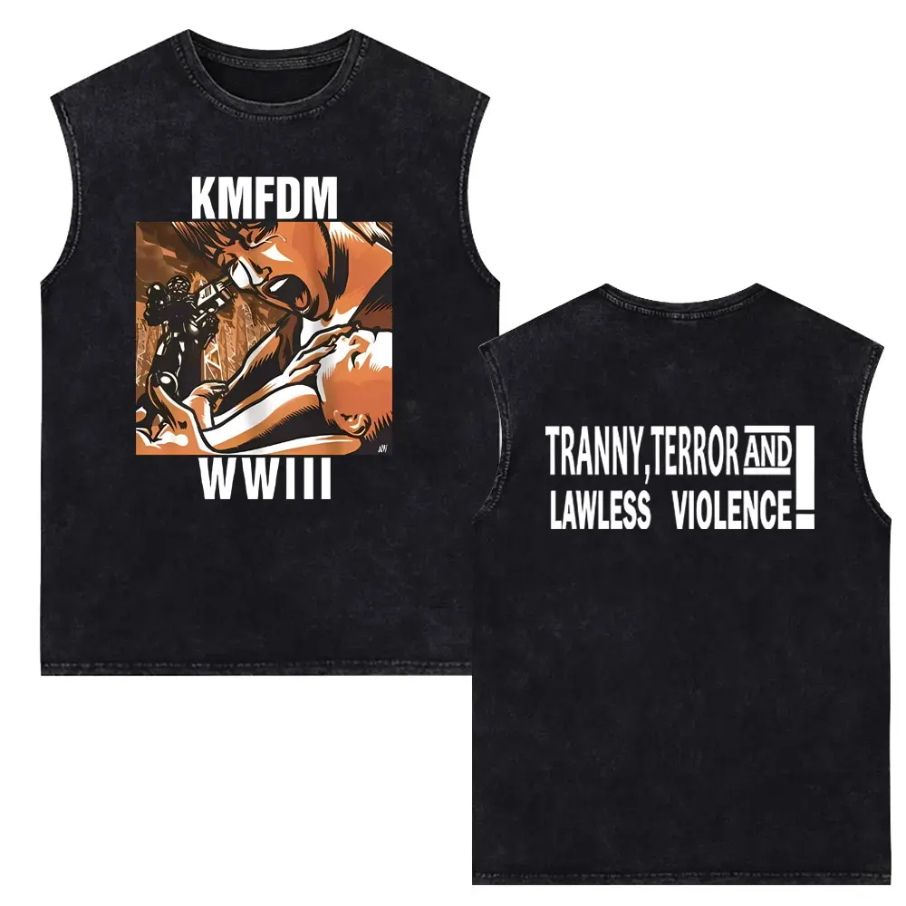 Rock Band Kmfdm Vintage Washed Tank Tops Men Women Retro Gothic Punk Streetwear Male Clothing Casual 100% Cotton Sleeveless Vest